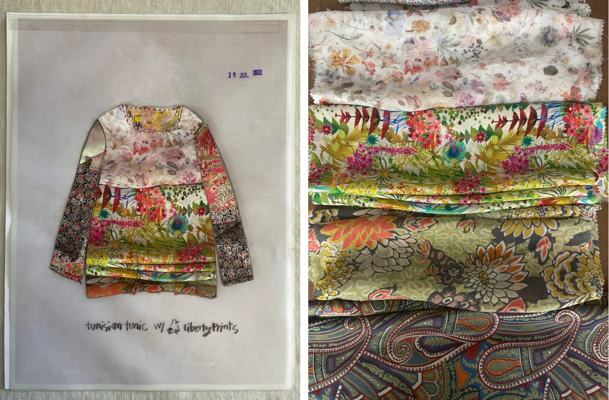 left: drawing of tunisian tunic with recycled liberty prints / right: sorted liberty print scraps